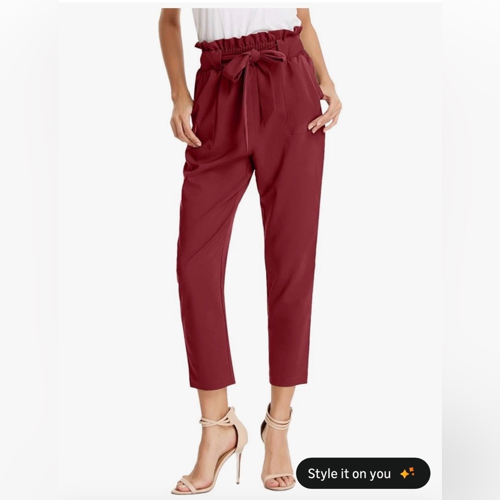 Grace Karin Maroon Paperbag Waist Cropped Pants